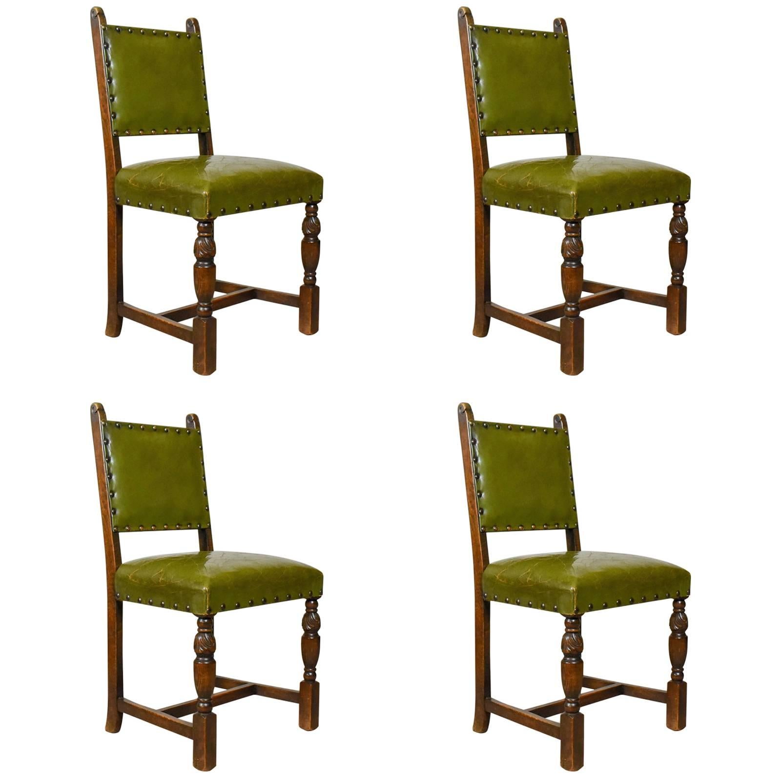 Set of Four Antique Dining Chairs, Jacobean Revival, English Oak, circa 1910