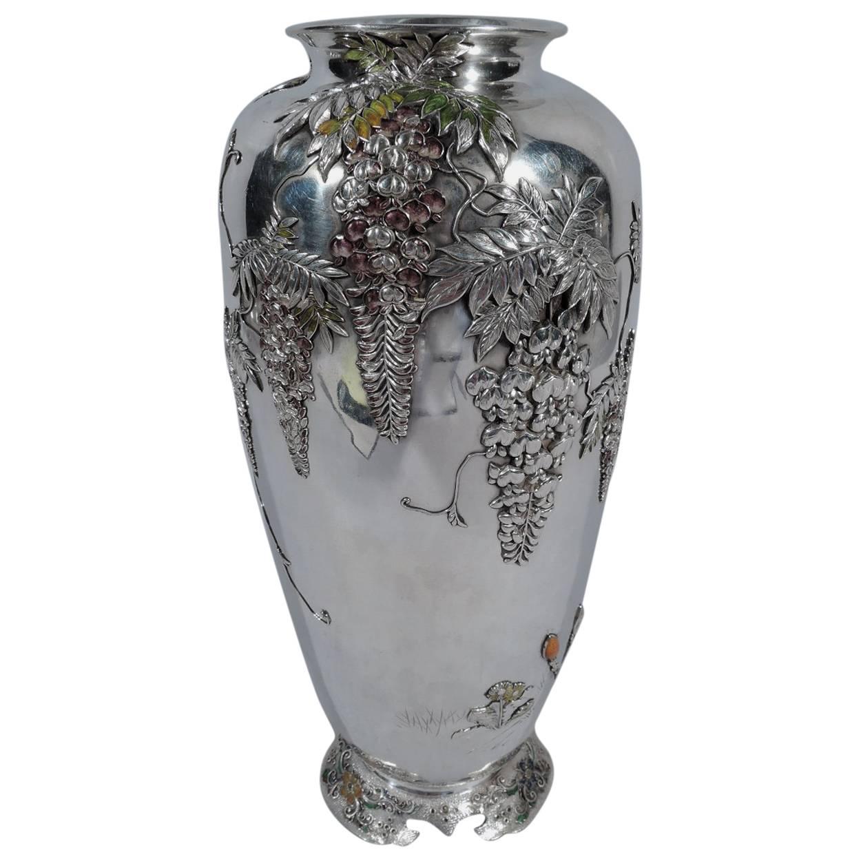 Antique Japanese Meiji Silver and Enamel Wisteria Vase