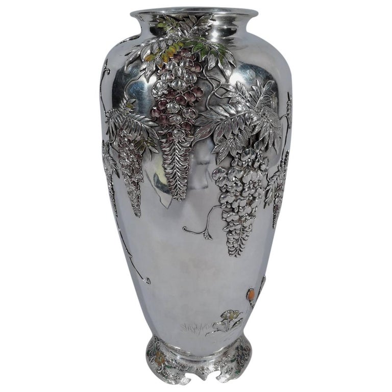 Antique Japanese Meiji Silver and Enamel Wisteria Vase For Sale at