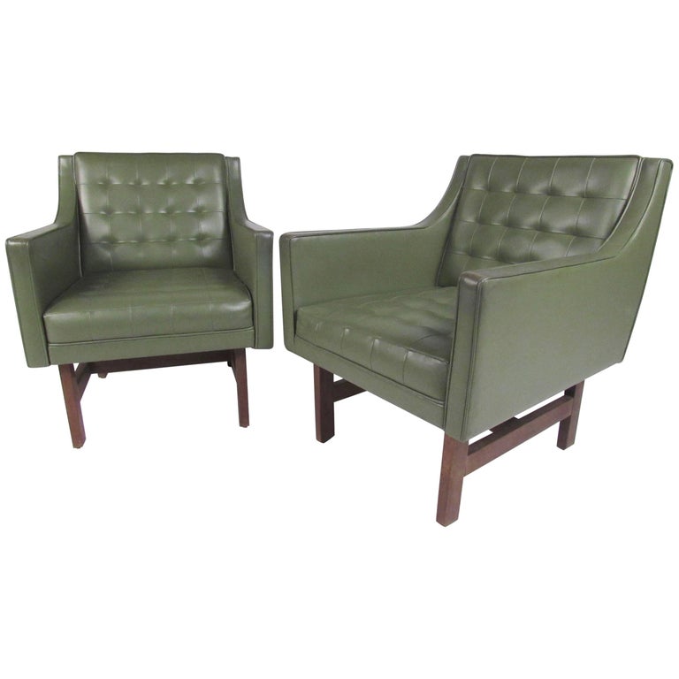Pair of Vintage Modern Vinyl and Teak Club Chairs For Sale at 1stDibs