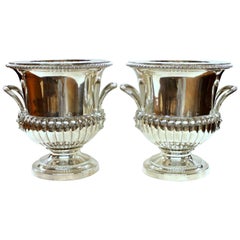 Pair of Antique English George III Old Sheffield Plate Armorial Wine Coolers