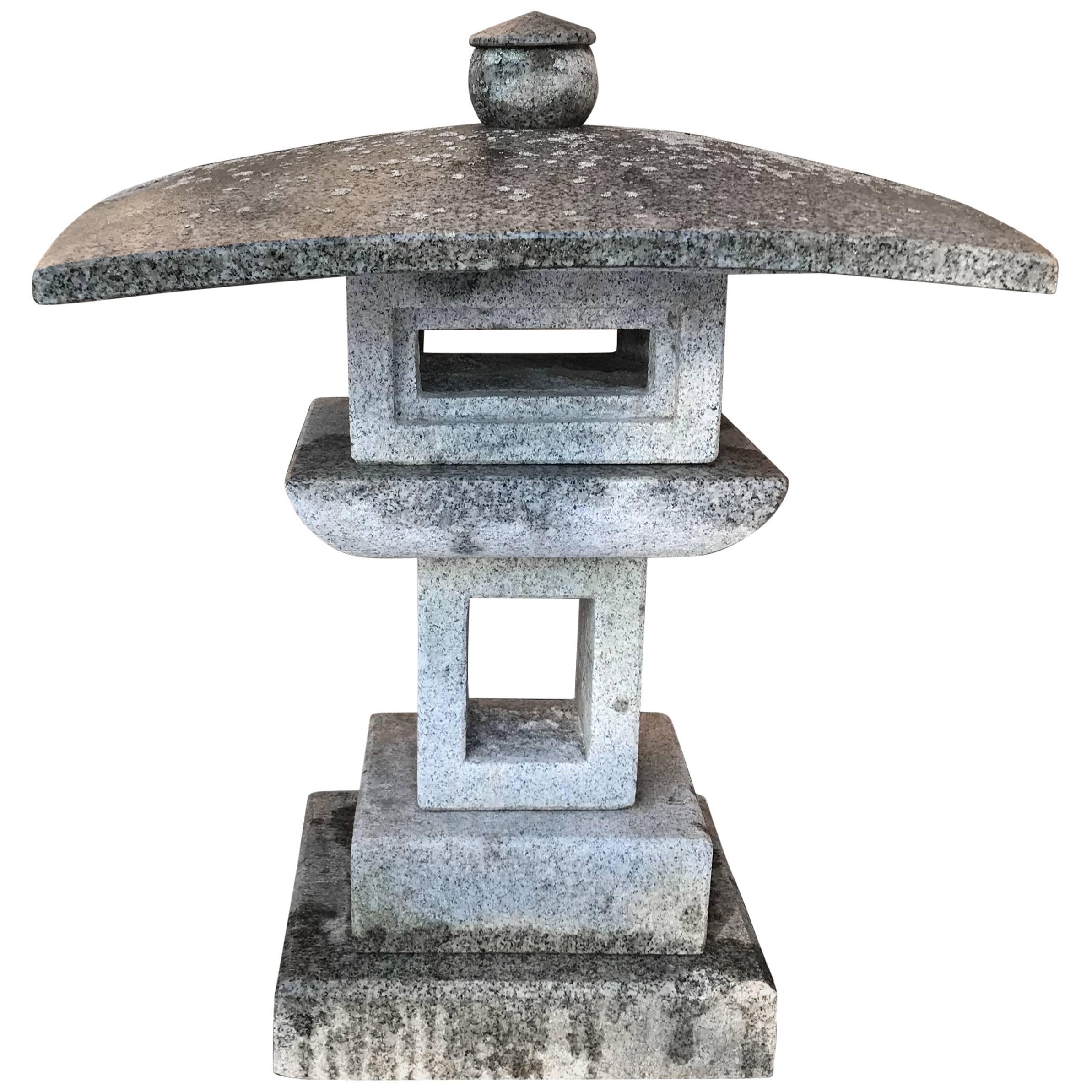 Appealing Vintage "Broad Roof" Stone Lantern, Hand-Carved Solid Granite