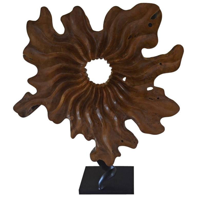 Andrianna Shamaris Teak Wood Flower Sculpture For Sale