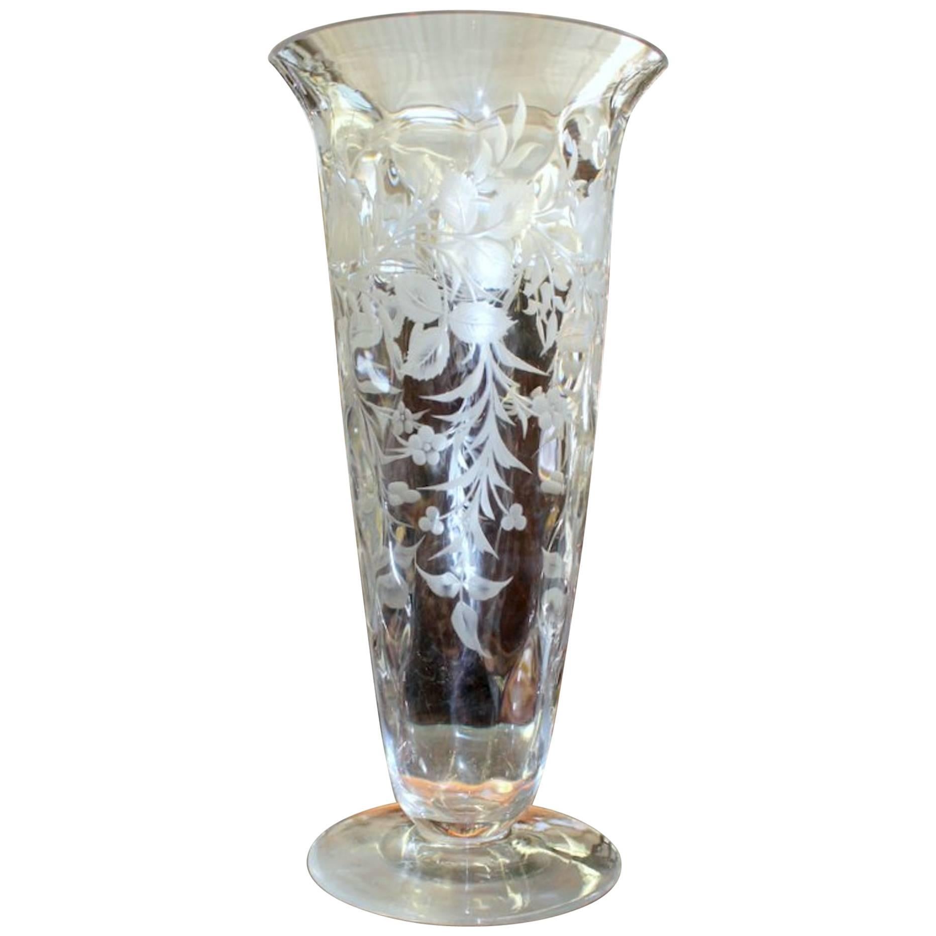 Old American Large Size Engraved Intaglio Crystal Signed "Sinclaire" Vase