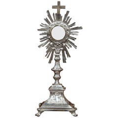 Antique 19th Century French Bronze Silvered Catholic Monstrance with Cross & Shining Sun