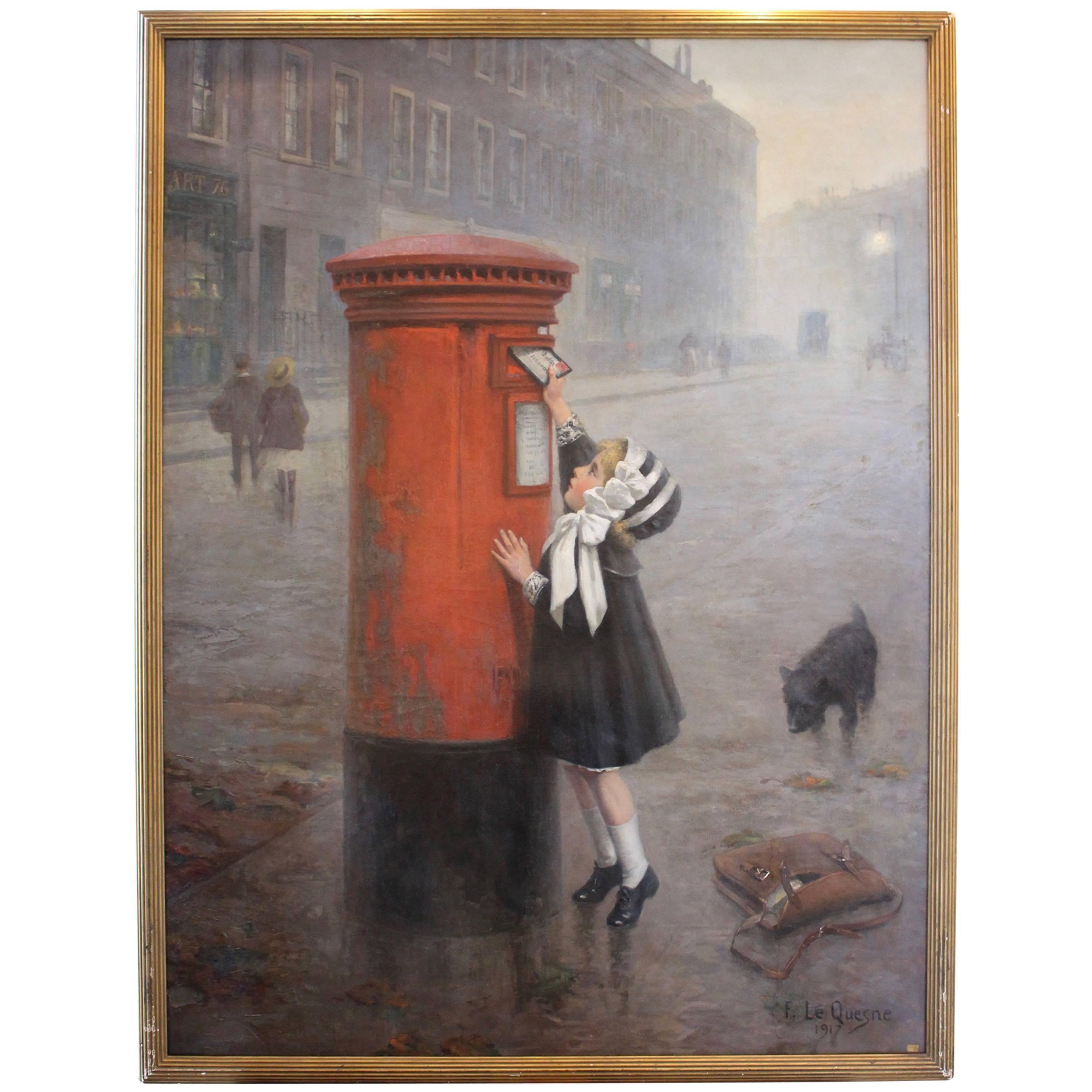 Oil on Canvas "The Pillar Box, a Letter to Daddy" Signed F. Le Quesne