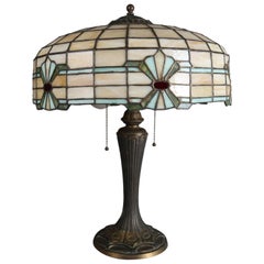 Antique Arts & Crafts Mosaic Leaded Glass Table Lamp, Bradley & Hubbard School