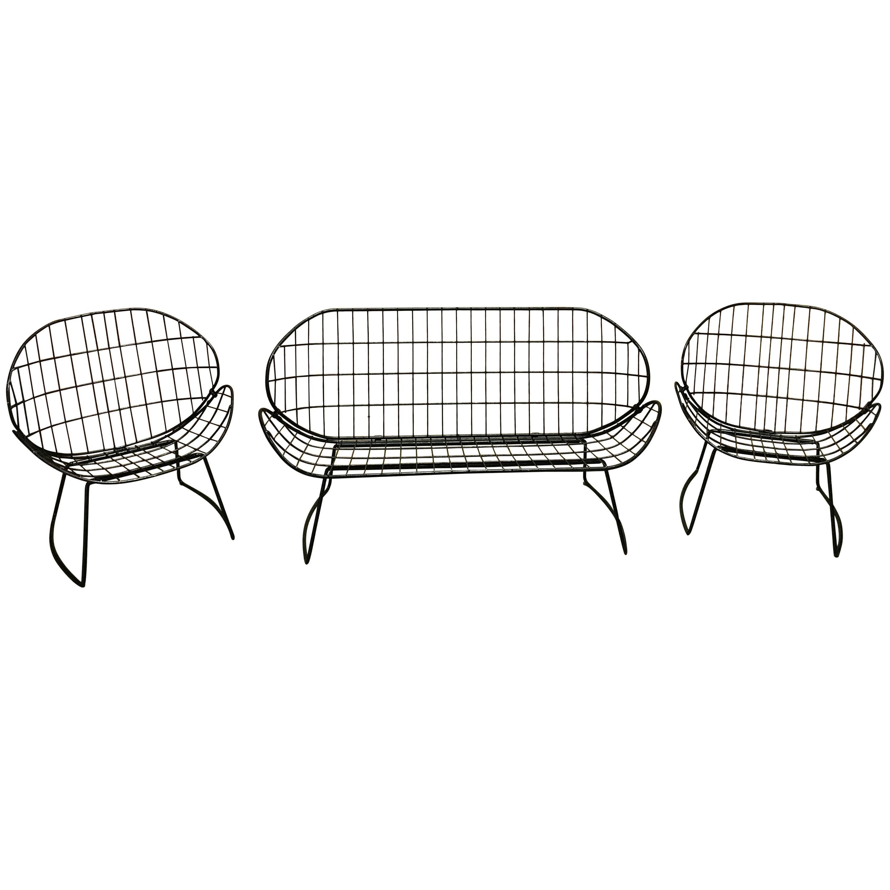 Italian Midcentury Three-Piece Wrought Iron Grid Pattern Patio Set