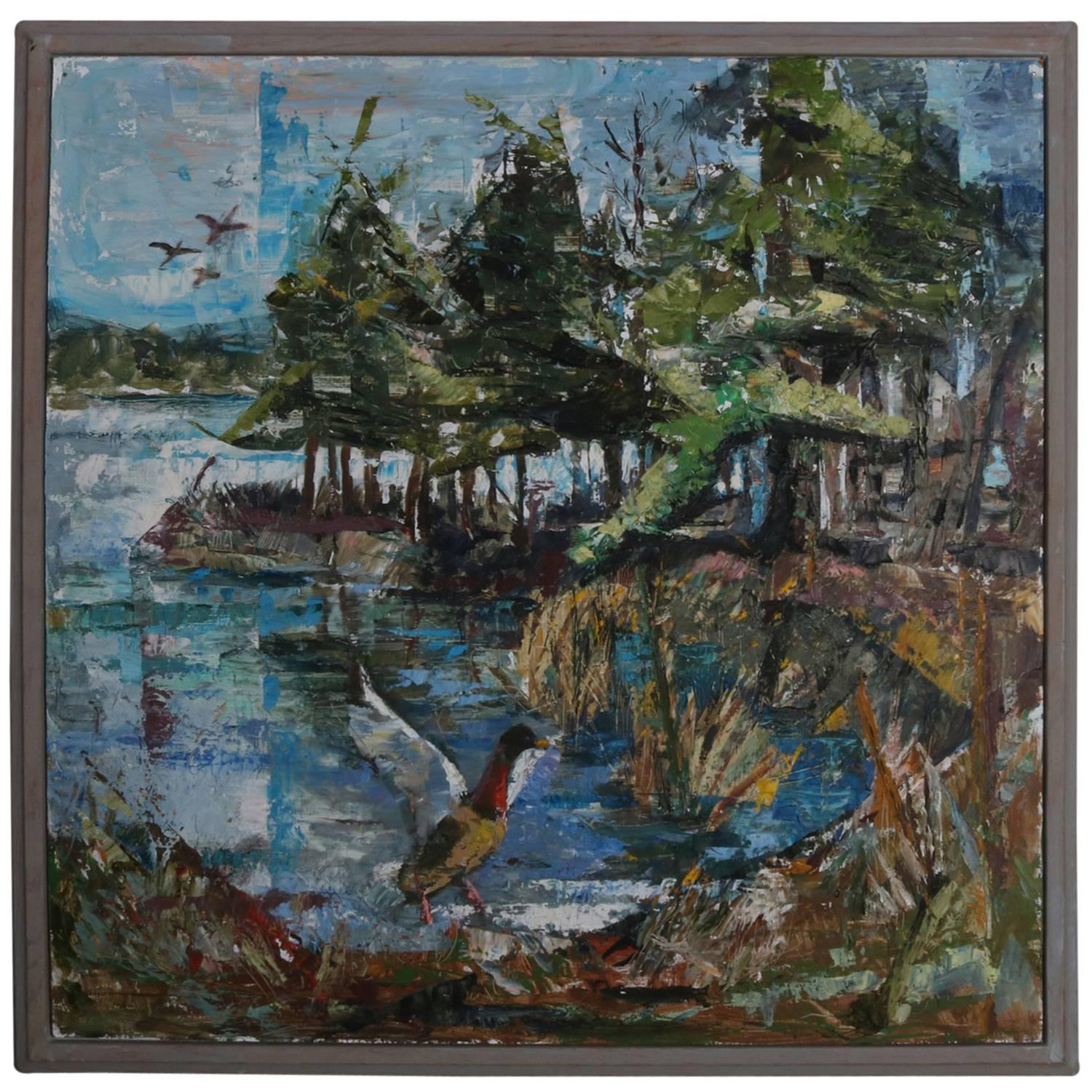 Framed Oil on Board Impressionist Painting of Lake with Mallards, circa 1950