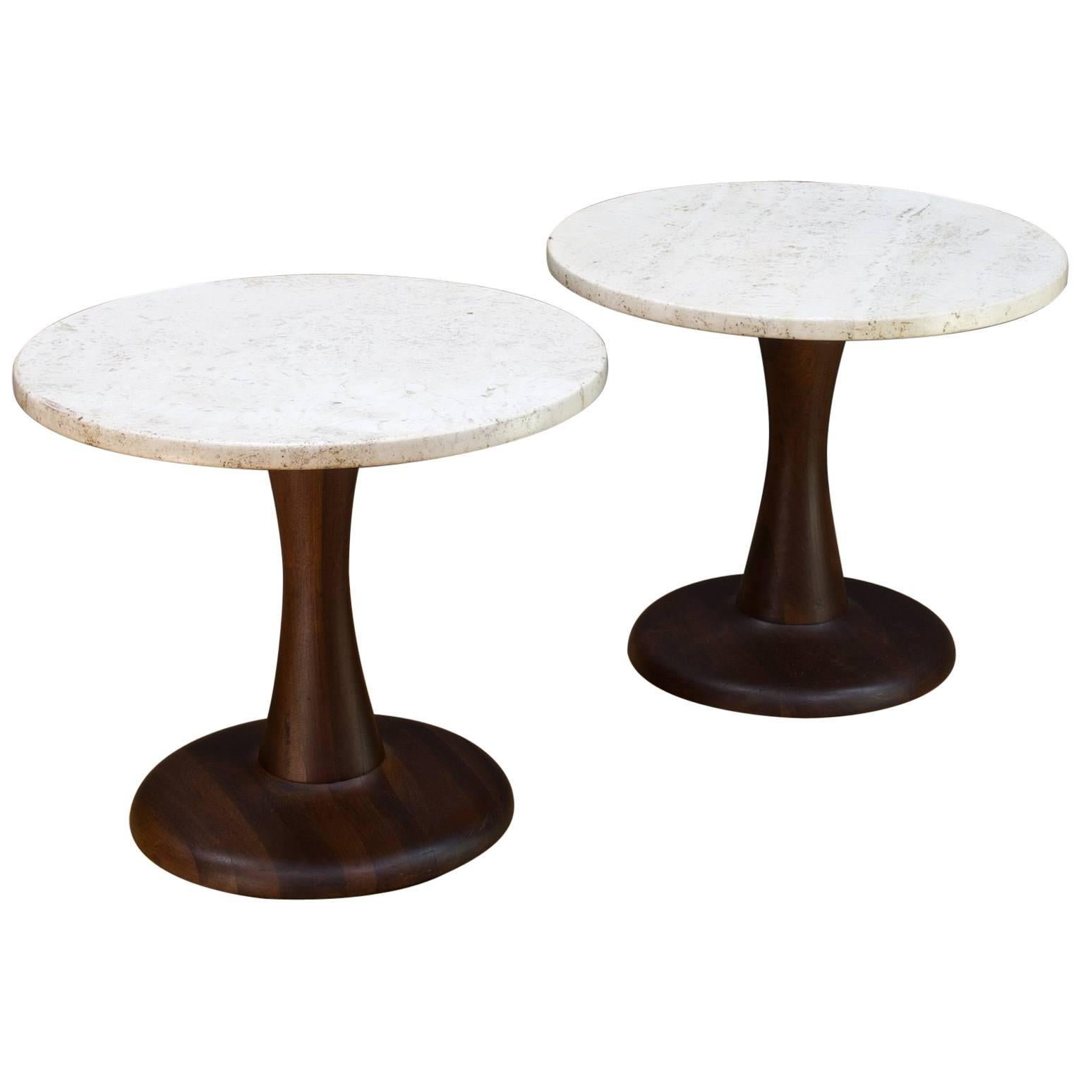 Pair of Rustic Modern Turned Walnut & Travertine Marble Pedestal Side Tables