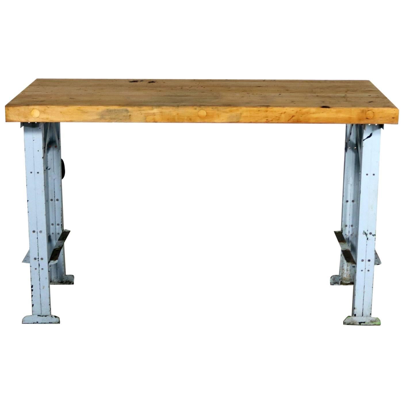 American Industrial Work Table Wood Top Steel Base Vintage