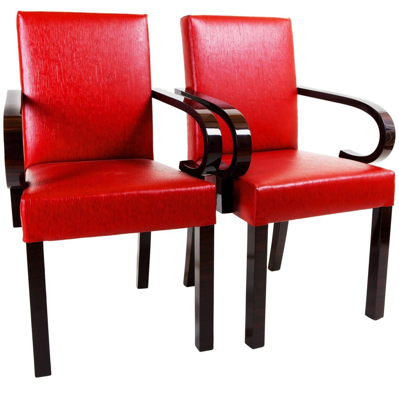 Paire de fauteuils Art Déco en Macassar, années 1920, brillant, cuir rouge en vente