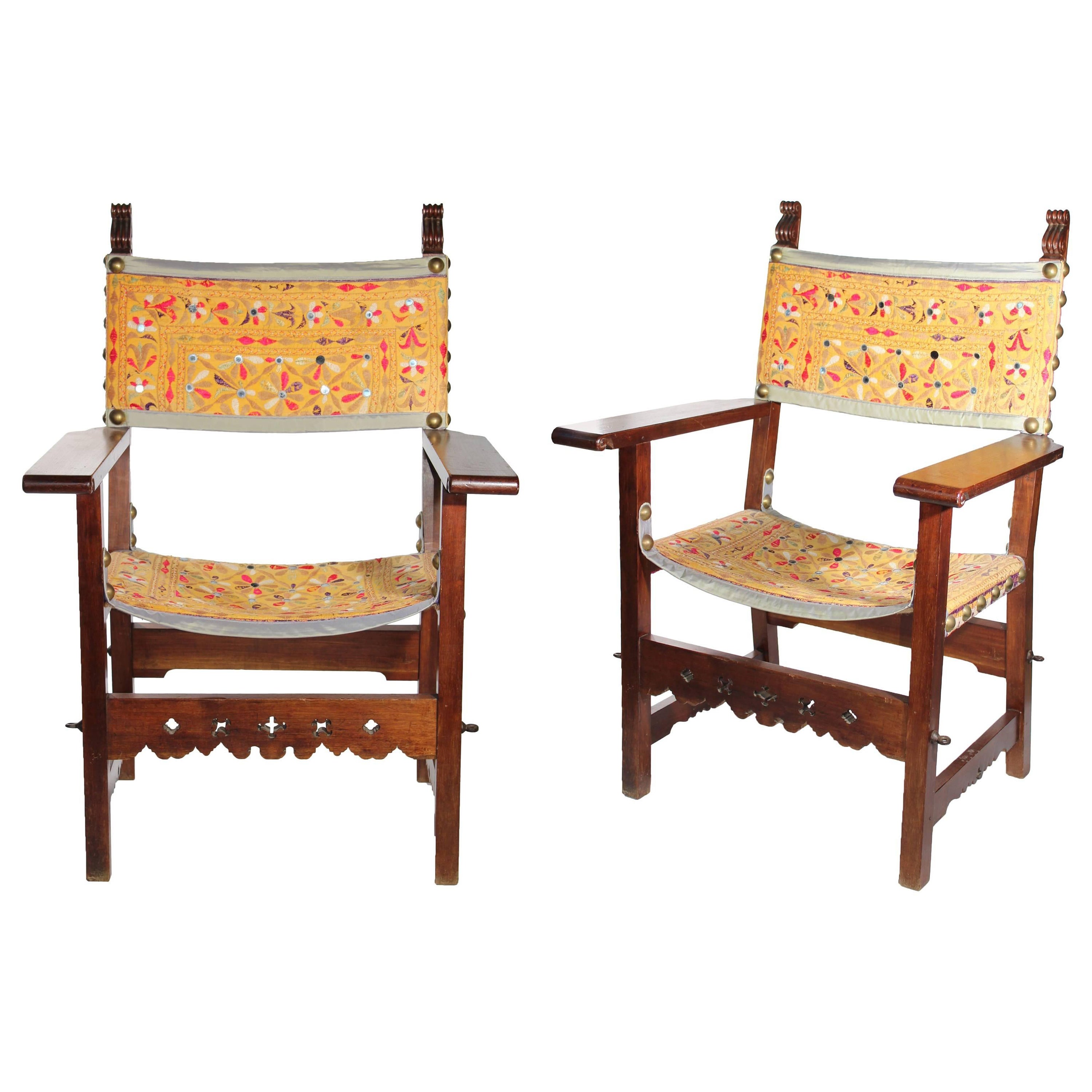 Pair Spanish Tooled Leather Antique Chairs at 1stDibs