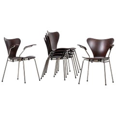 Arne Jacobsen Dining Chairs Model 3107 and Two Armchairs Model 3207
