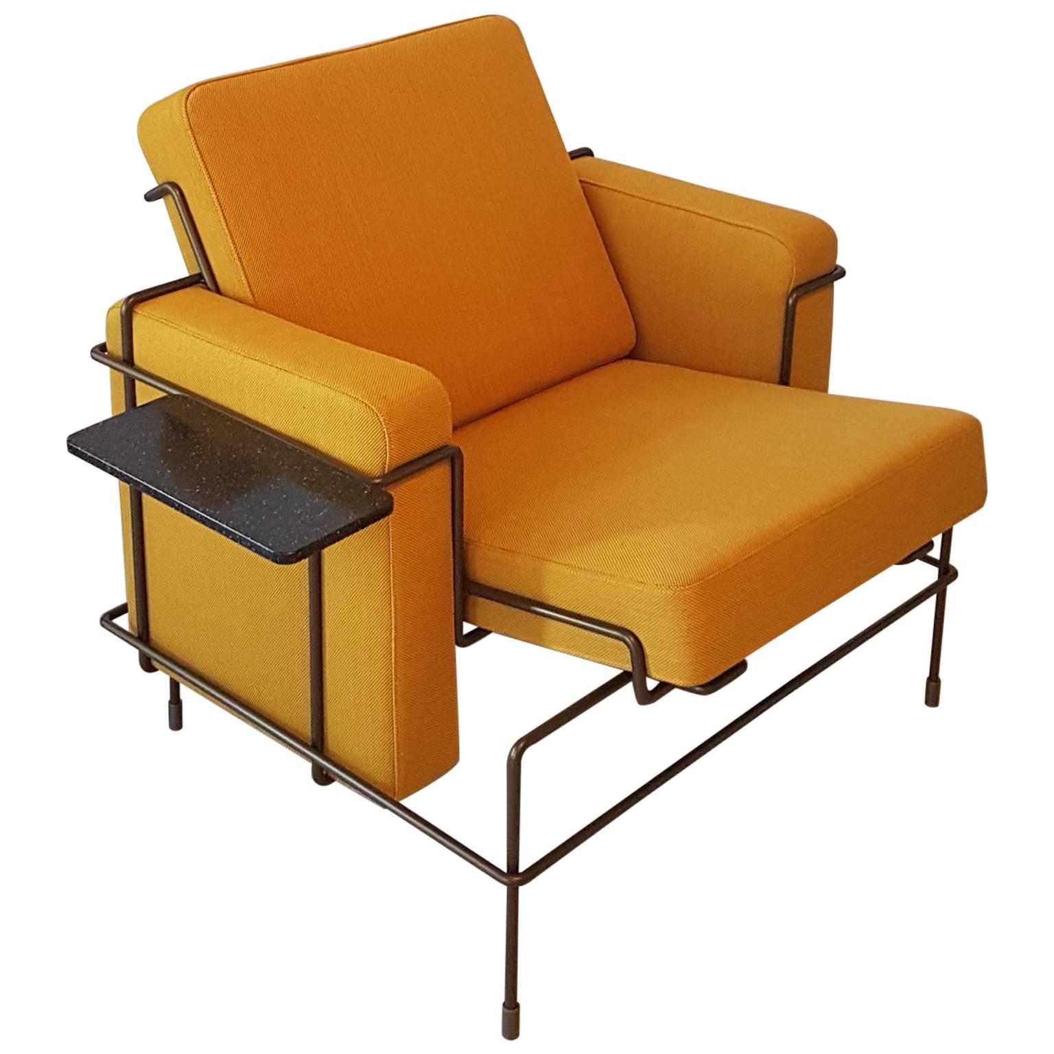Konstantin Grcic Italian Yellow Fabric Armchair with Brown Steel Frame For Sale