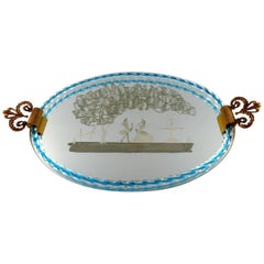 Murano, Italy, Art Glass Rectangular Tray with Mirror Coating with Galant Scene