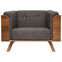 Big Biscuit Lounge Chair, Hand veneered plywood in old oak with grey cushions