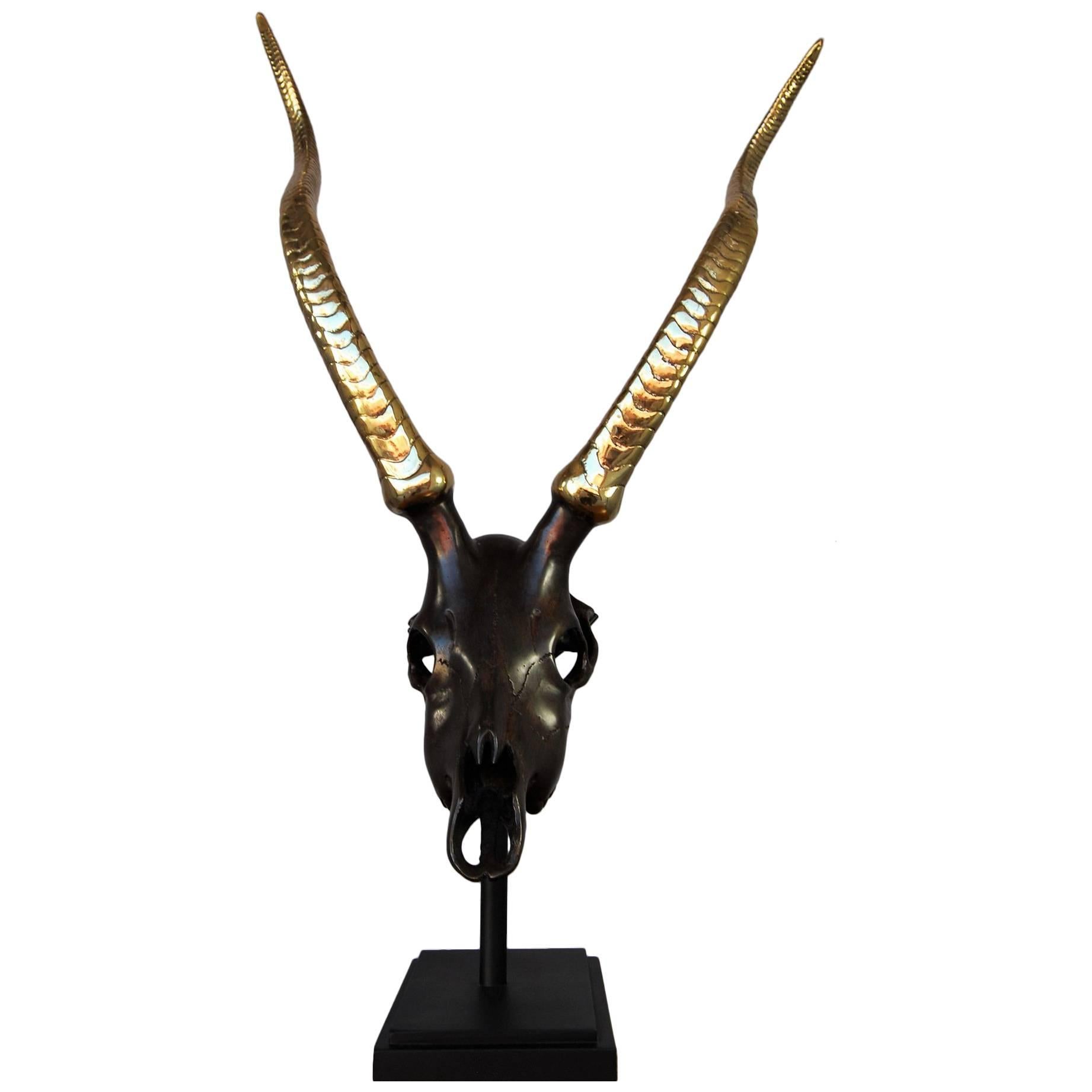 French Mid-Century Modern Patinated Bronze Antelope Scull Sculpture For Sale