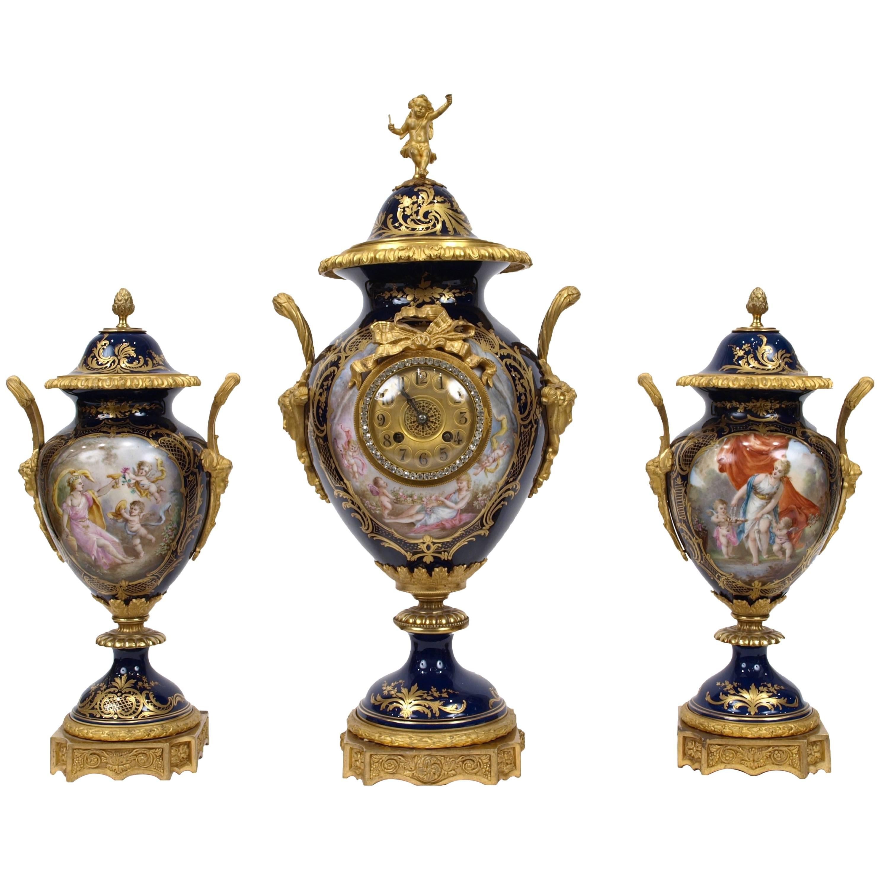 Antique Clock Garniture with Sèvres Style Porcelain and Ormolu