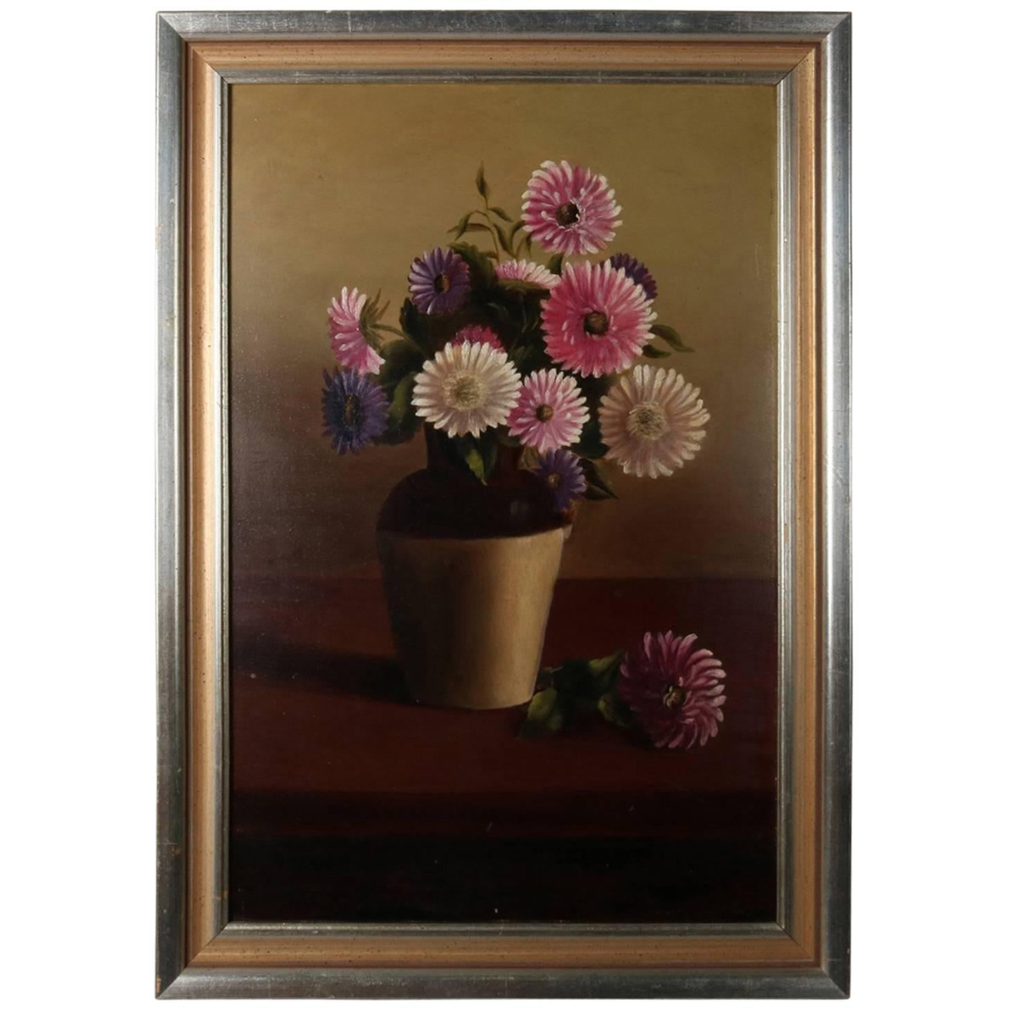 Vintage Framed Oil on Board Painting Floral Still Life, Signed L.R
