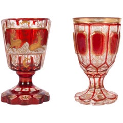 Pair of Parcel-Gilt Antique Bohemian Glass Goblets