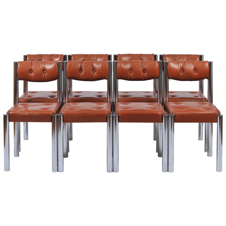 Set of Eight French 1970s Chrome and Brown Leather Dining Chairs at 1stDibs