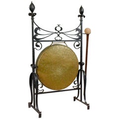 Large Bronze Antique Dinner Gong in Iron Frame, Art Nouveau, circa 1920