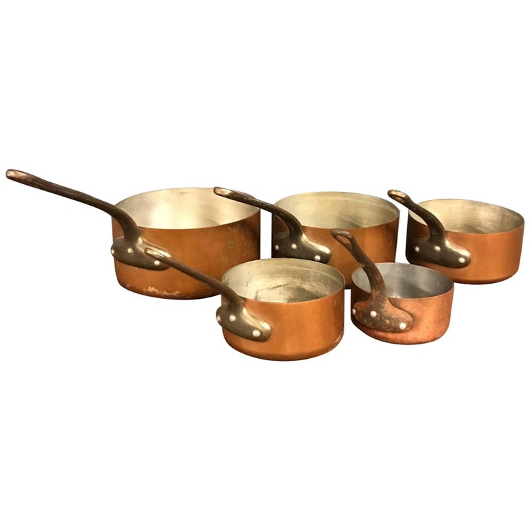 Retinned Antique Copper Pans Set of Five For Sale