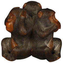 Japanese Wood Okimono of Three Monkey ‘See No Evil, Hear No Evil, Speak No Evil’
