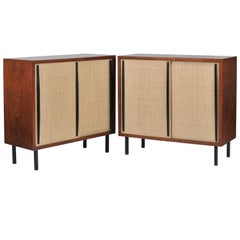 Pair of French 1960s Limed Oak and Raffia Cabinets