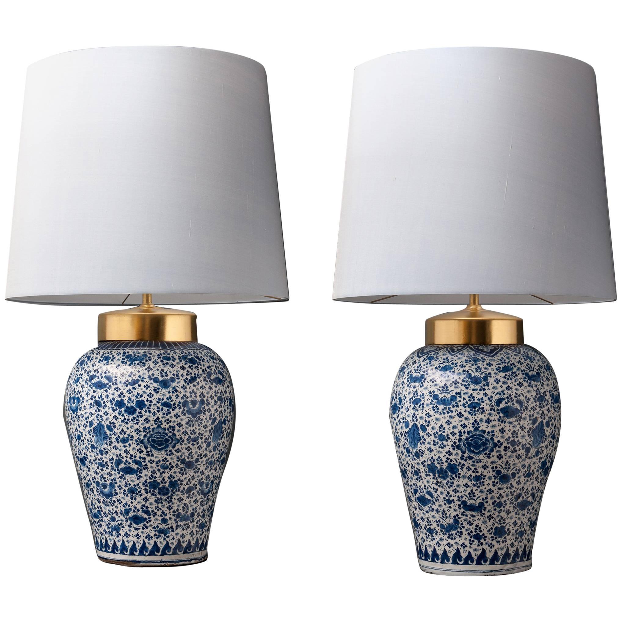 18th Century Near Pair of Dutch Delftware Vases Converted into Lamps For Sale