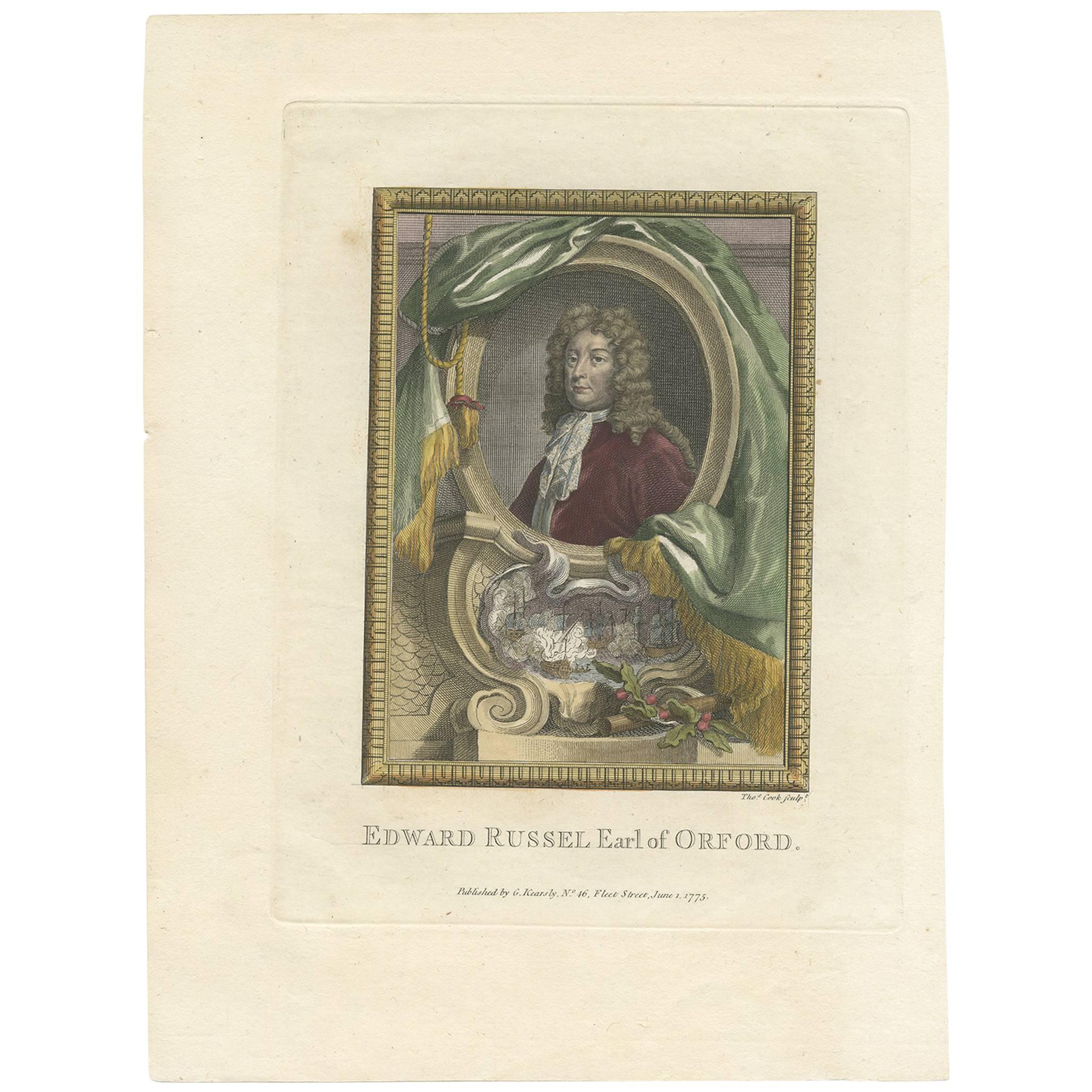 Antique Portrait of Edward Russel, 1st Earl of Orford by J. Houbraken, 1775 For Sale