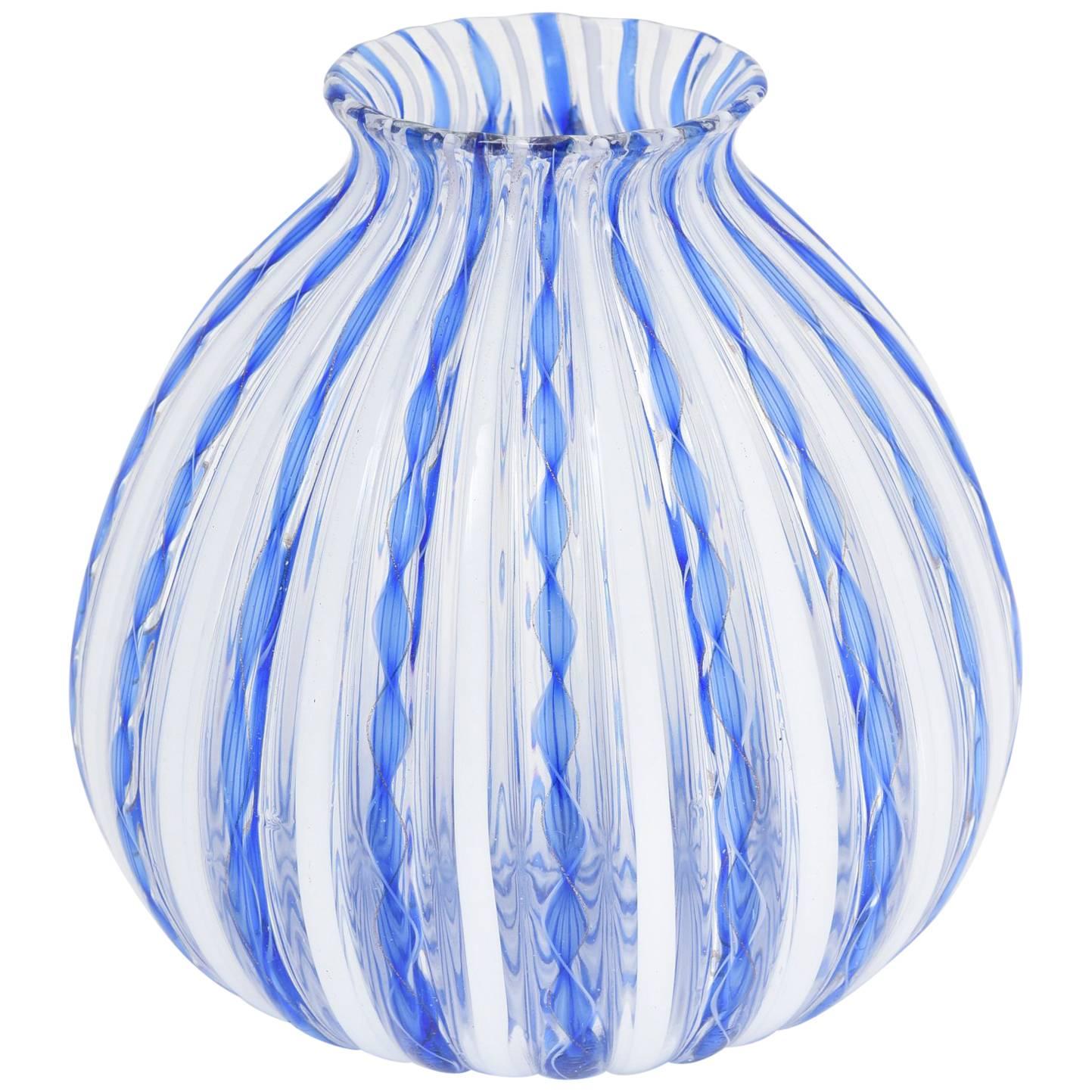 Murano Blue Ribbon and White Stripe Italian Art Glass Vase