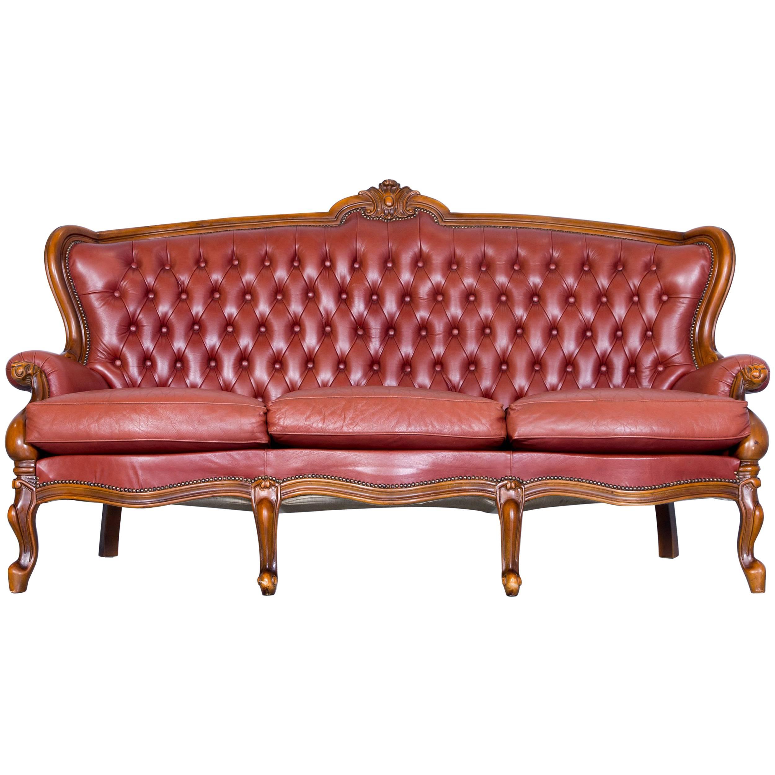 Barock Chesterfield Sofa Red Brown Leather Three-Seat Couch Vintage Rivets For Sale