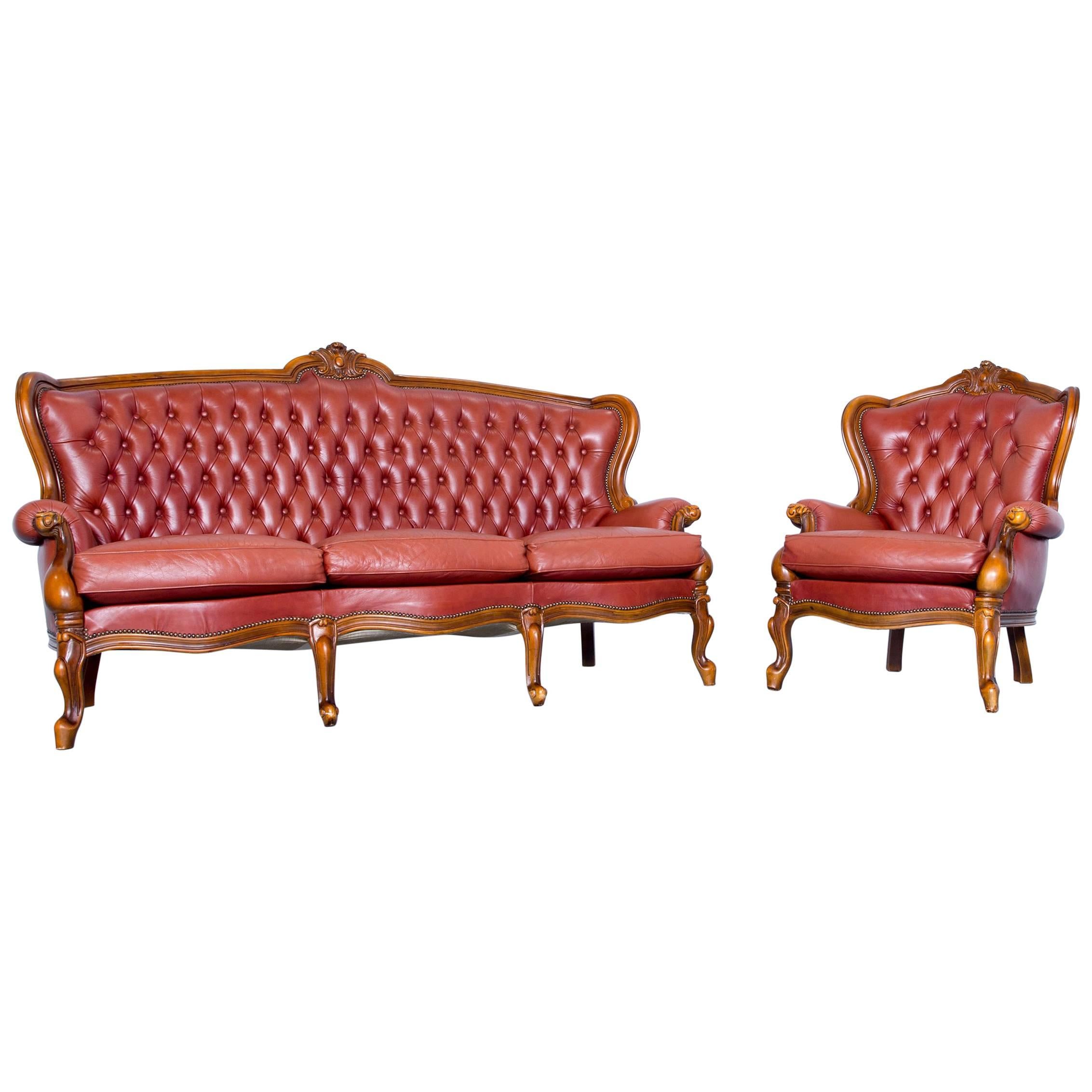 Barock Chesterfield Sofa Red Brown Leather Three-Seat Couch Vintage Rivets