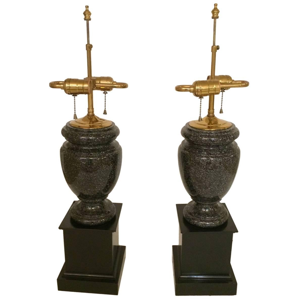 Handsome Pair of Black Granite Urn Shaped Lamps For Sale