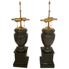 Handsome Pair of Black Granite Urn Shaped Lamps