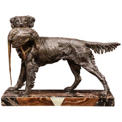 Large 19th Century French Spelter Hunting Dog Sculpture on Colorful Marble Base