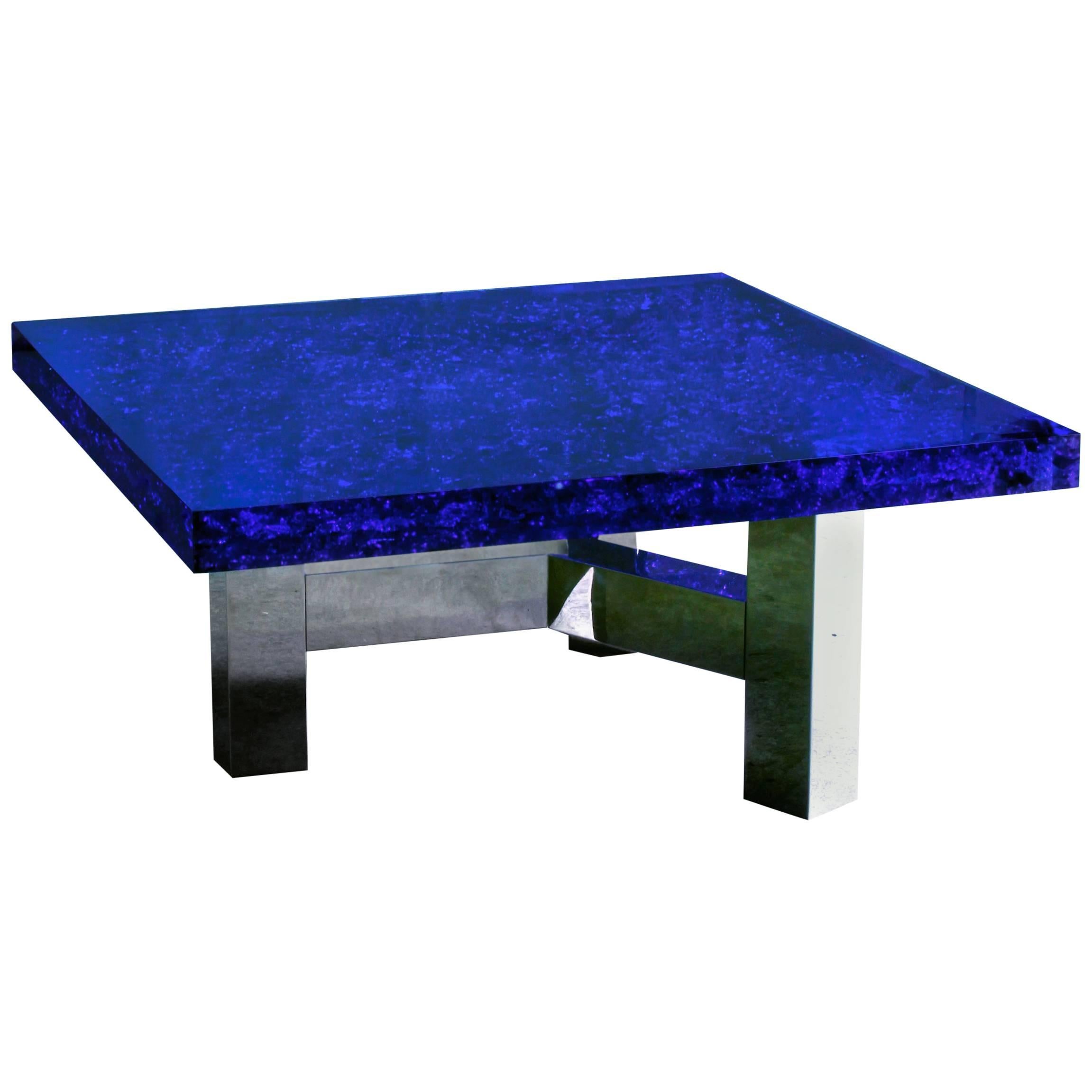 Blue Lucite and Murano Glass Coffee Table Nickel-Plated Brass Base "Riflessioni"
