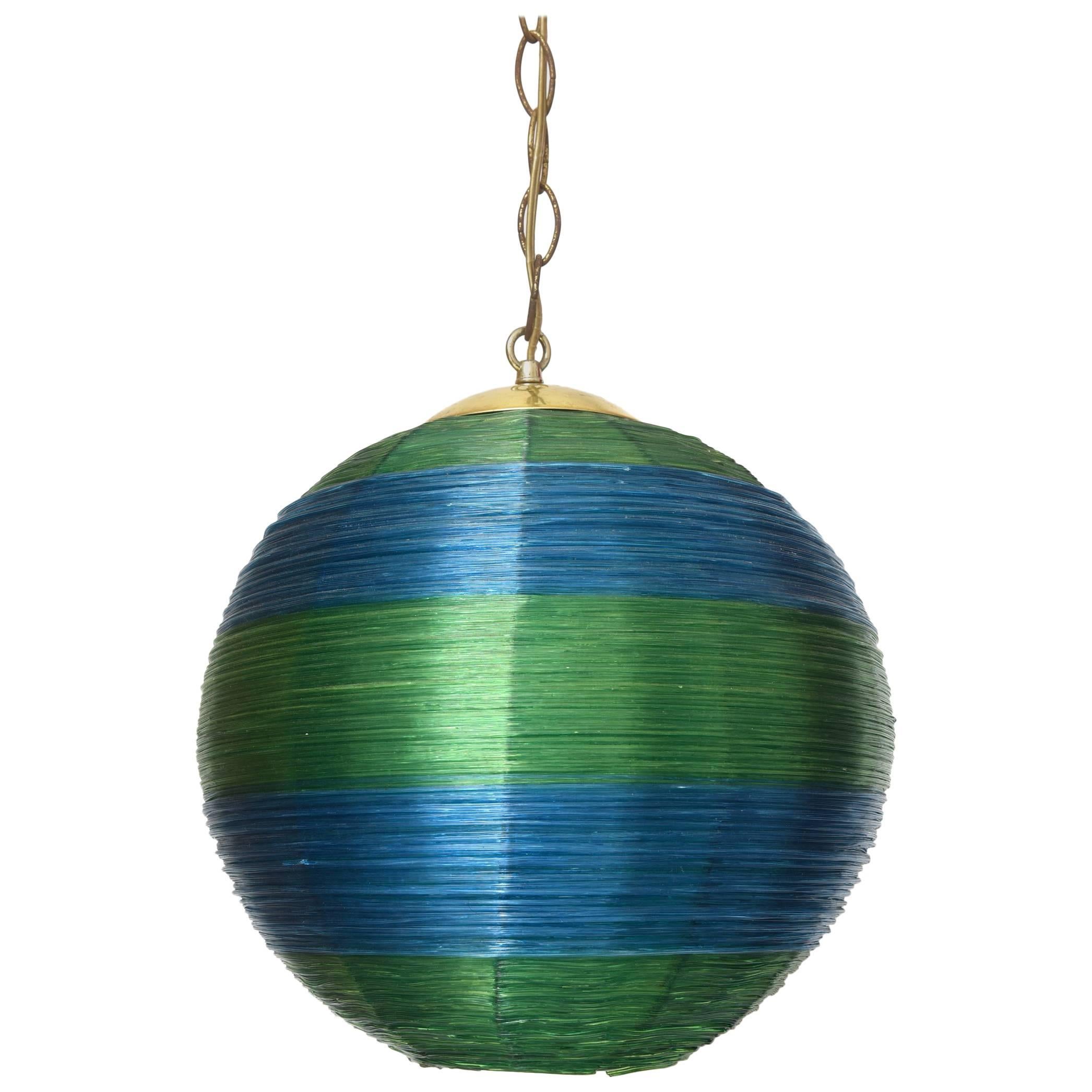 Midcentury Fiberglass Green and Blue Hanging Ball Lamp