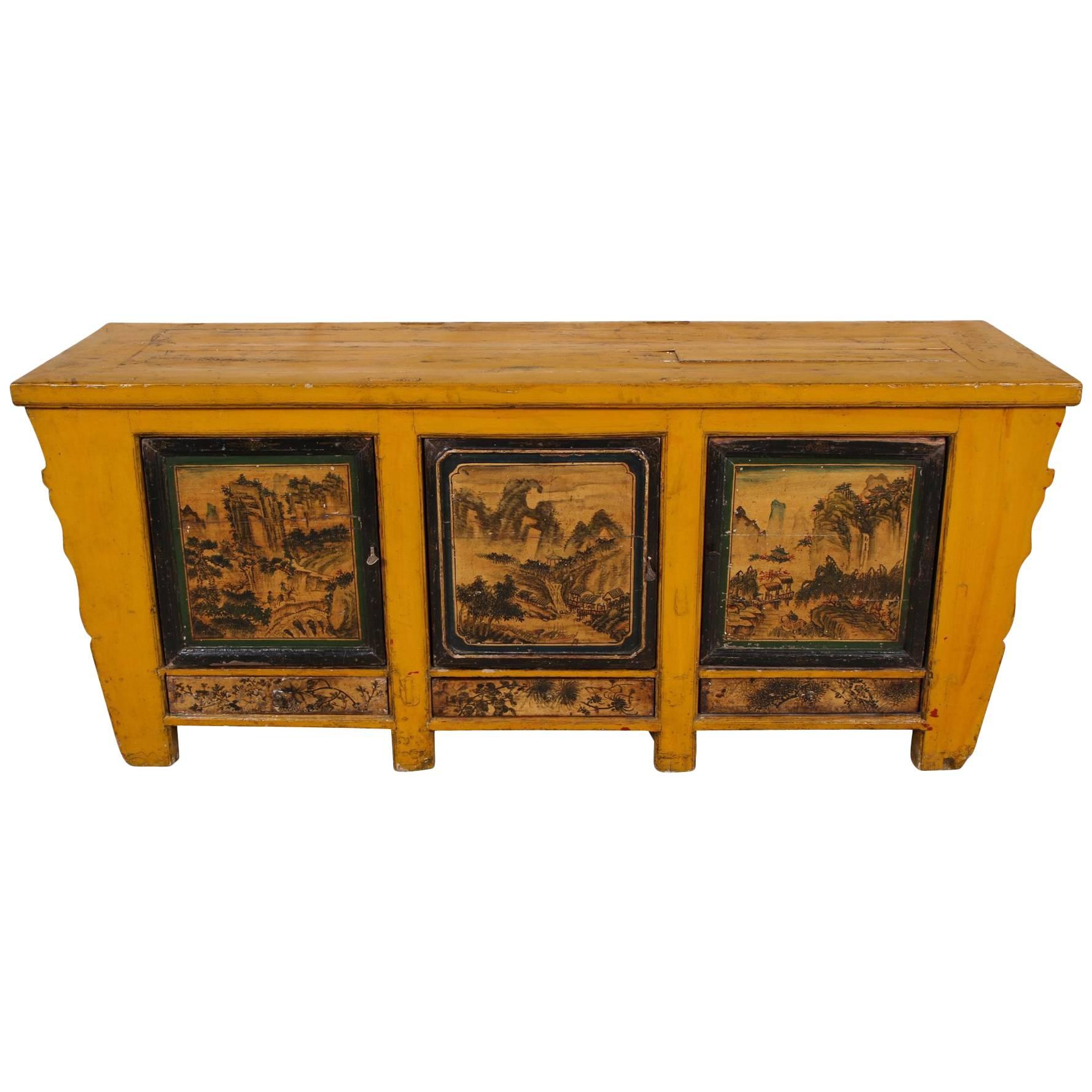 Antique Chinese Yellow Paint Decorated Cabinet