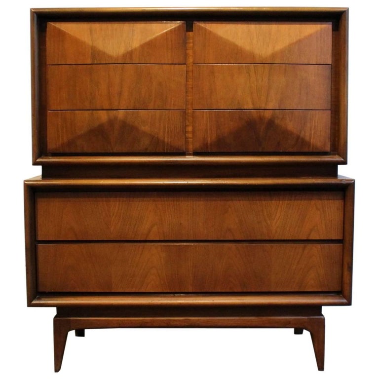 Vladimir Kagan Style MCM DiamondFront Walnut Highboy Chest by United
