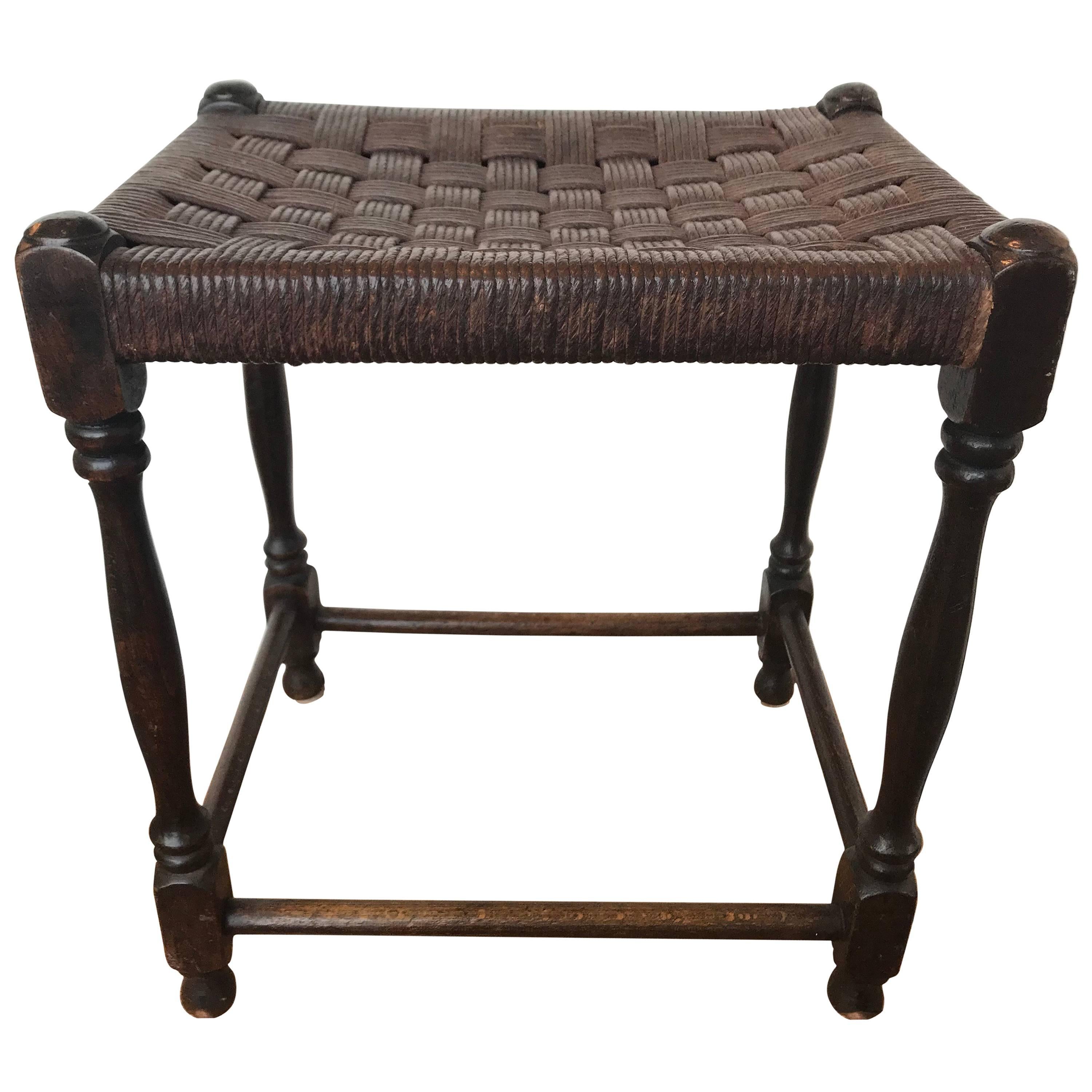 19th Century Oak Stool with Leather Strapping For Sale