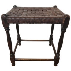 Antique 19th Century Oak Stool with Leather Strapping