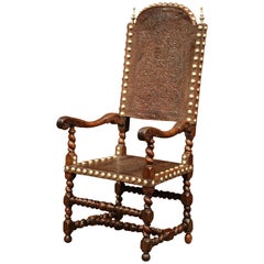 18th Century Spanish Carved Walnut Armchair with Embossed Leather and Finials
