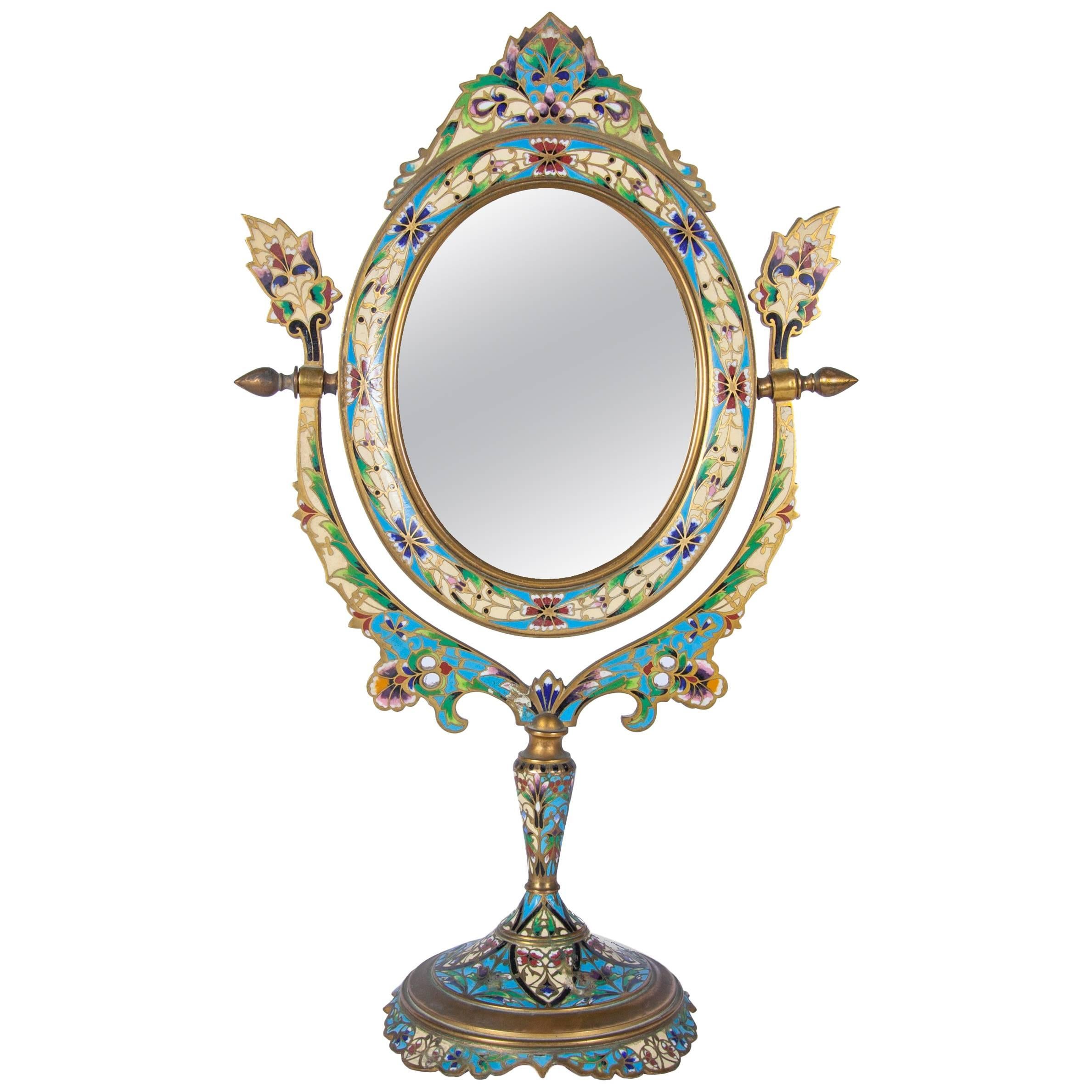 Antique French Cloisonne Enamel and Gilt Toilette Mirror For Sale