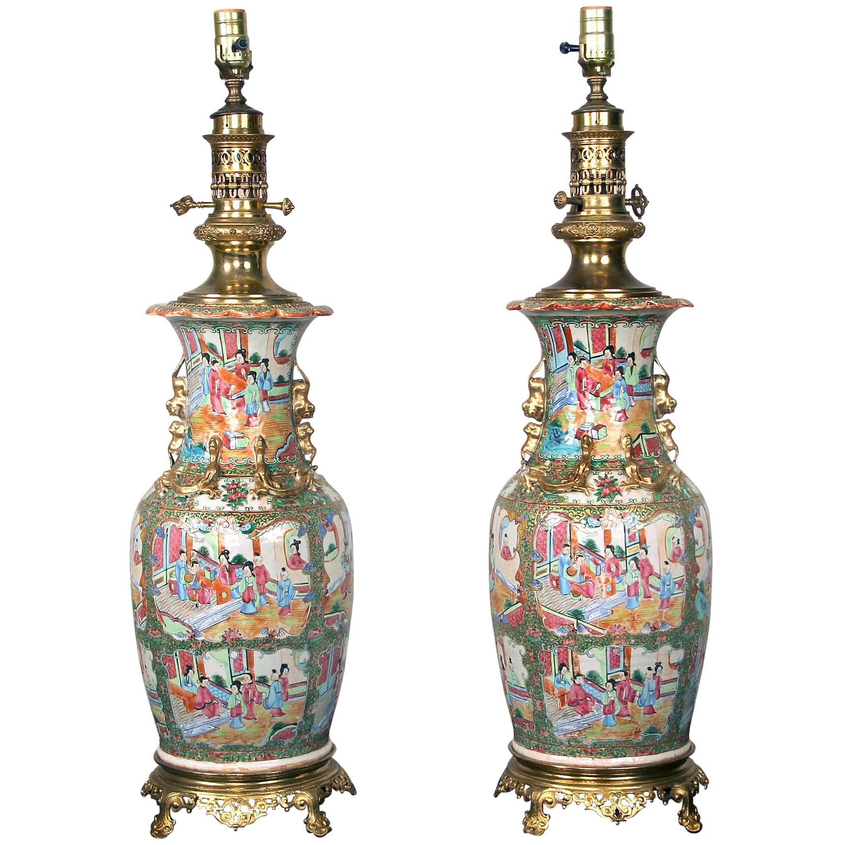Pair of Late 19th Century French Gilt Bronze-Mounted Chinese Canton Porcelain