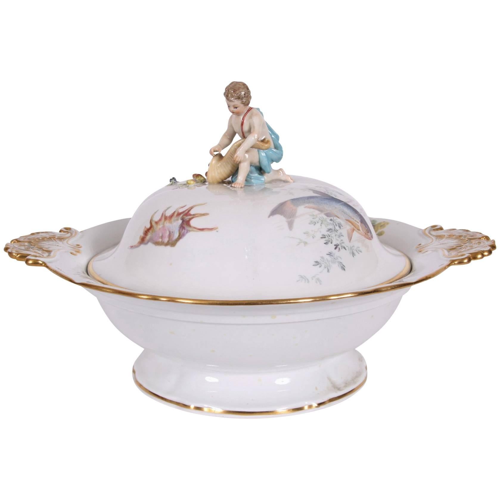 Vintage Meissen Lidded Tureen with Putto Figure For Sale