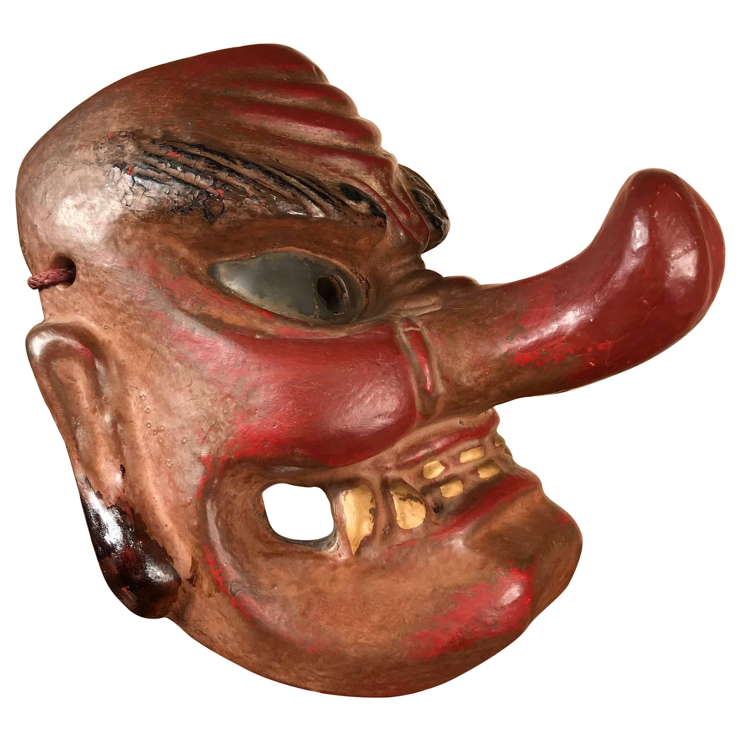 Powerful Japanese Old Forest God Mask Tengu Dramatic Nose