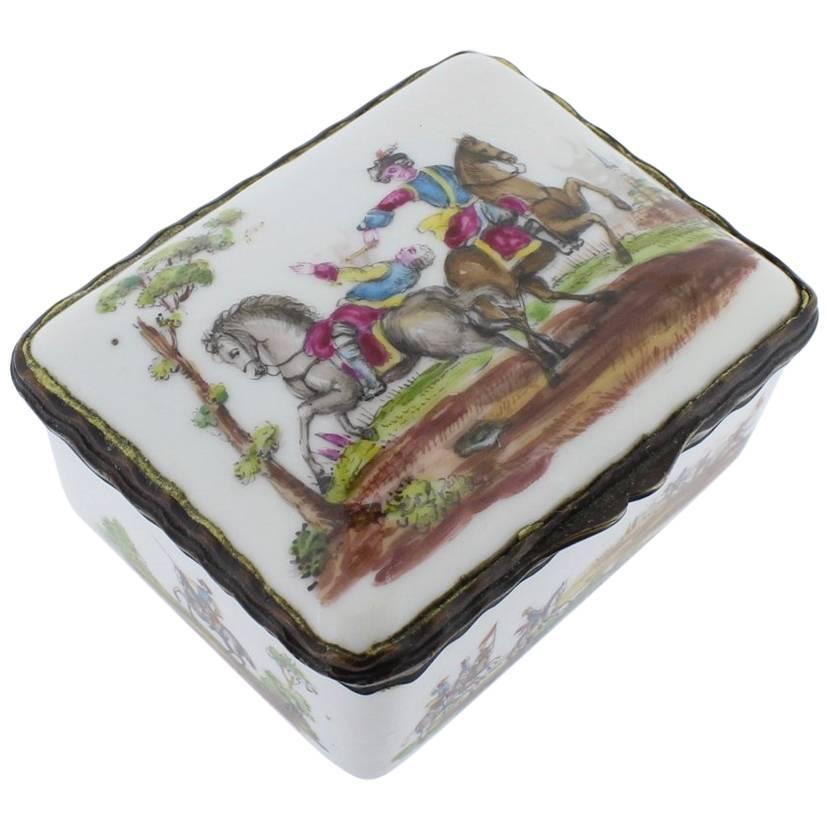 Antique French or German Porcelain Snuff Box with Hand-Painted Military Scenes